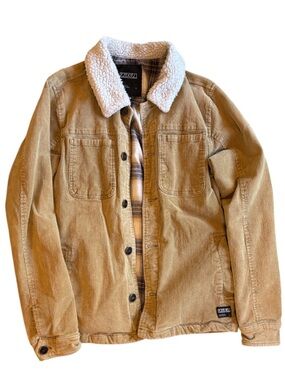 Ezekiel Men’s Sherpa Lined Corduroy Trucker Jacket Tan Plaid Medium